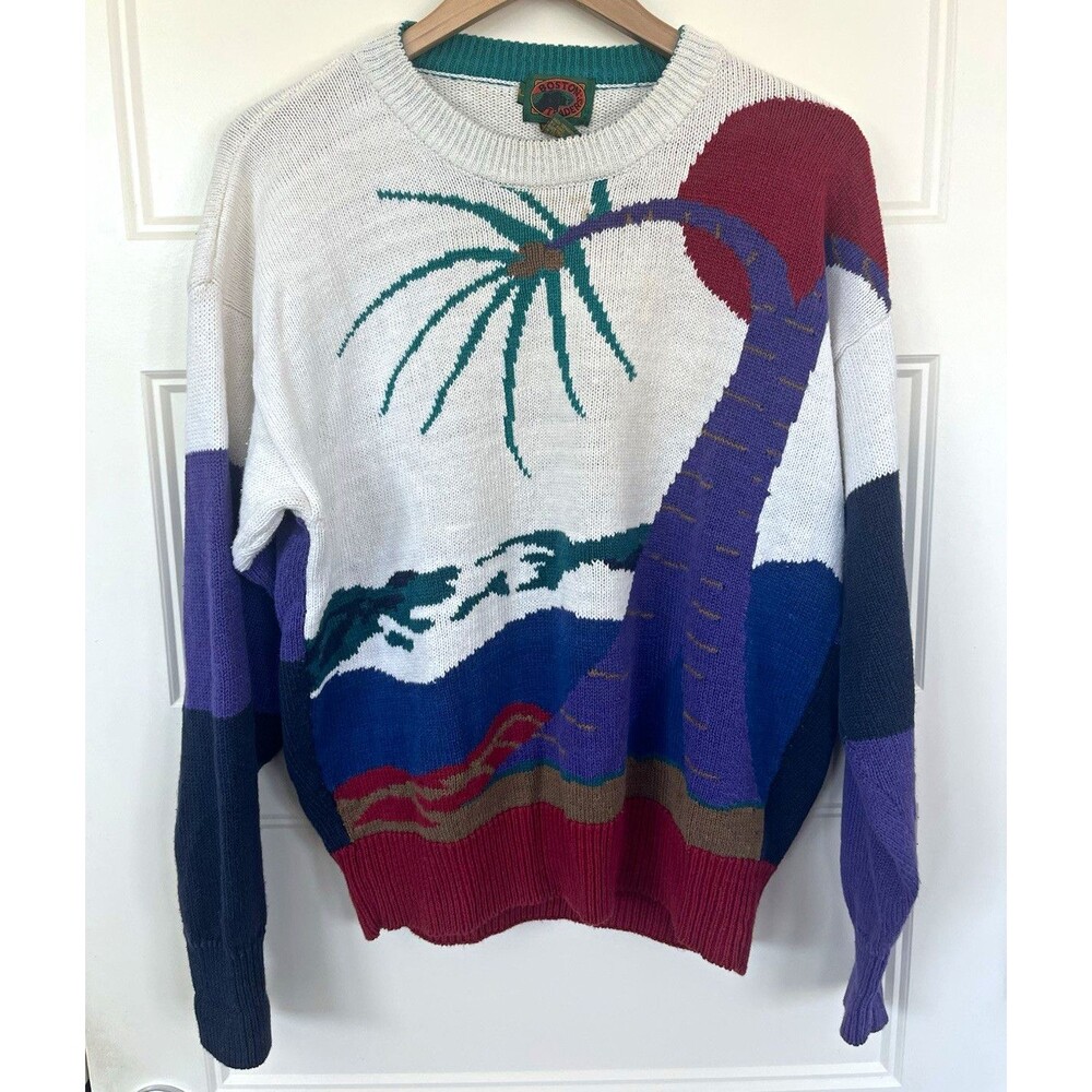 Vintage Boston Traders Graphic Sweater Tropical Coogi Style Grandpacore 90s L